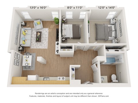Floor plan for 2 beds, 1 bath, 748 sqft